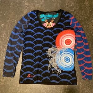 Desigual top shirt long sleeve tee black blue red embroidery silver